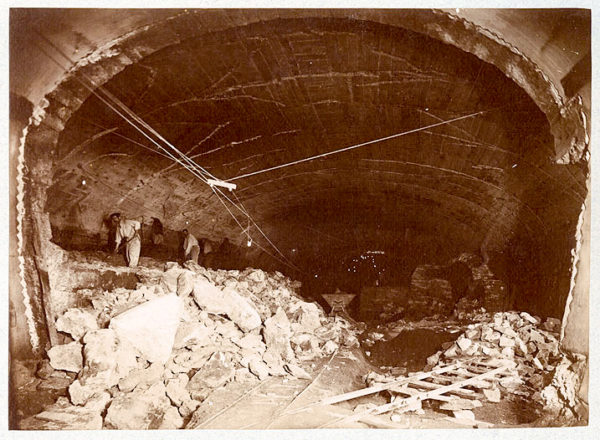 Excavation for the Bastille métro station. Rubble is reportedly stone from the Bastille fortress. Photo by anonymous (date unknown). 