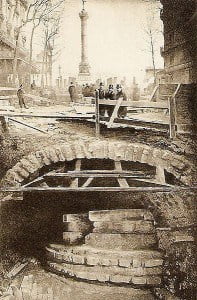 Foundations the Bastille’s Liberty Tower uncovered during the digging for a métro station. Photo by anonymous (c. 1899).
