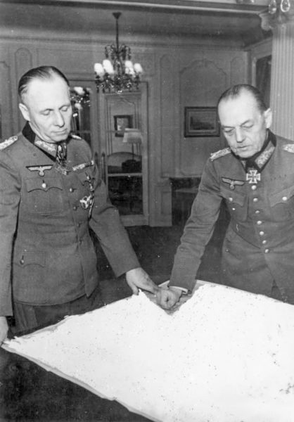 Rundstedt (right) and Generalfeldmarshall Erwin Rommel (left) planning for the defense of the Western Wall against an Allied invasion. This meeting likely took place at Villa David. Photo by Jesse (14 January 1944). Bundesarchiv, Bild 101I-718-0149-09A/Jesse/CC-BY-SA 3.0. PD-CCA-Share Alike 3.0 Germany. Wikimedia Commons. 