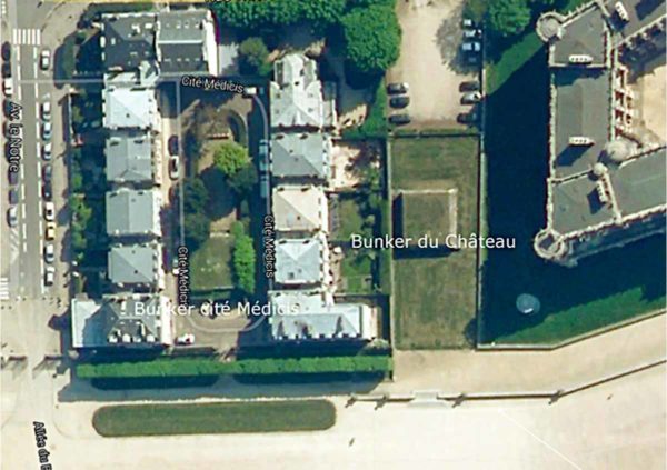 Aerial view of the Château de Saint-Germain-en-Laye (right), the Parc du Château bunker (center right), and the Cité Médicis, a small enclave of personal residences (left). The Bunker Cité Médicis is located in the middle of the residences near the entrance. (Shelter no. 6 on the chart.) Photo by anonymous (date unknown). http://stgermaincommerce.over-blog.com/article-les-blockhaus-et-bunkers-allemands-cite-medicis-a-saint-germain-en-laye-78100-107746595.html