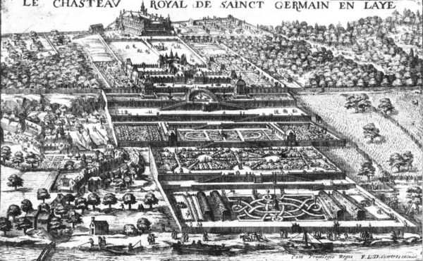 Château Neuf in Saint-Germain-en-Laye. Engraving by Claude Châtillon (c. after 1570). PD-Author’s life plus 70 years or fewer. Wikimedia Commons. 