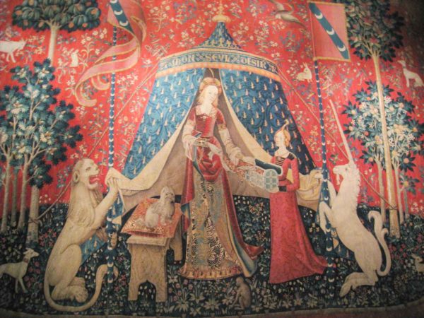 One of the six tapestries known as “The Lady and the Unicorn.” This tapestry is thought to represent love or understanding. Photo by Daderot (c. 2008). PD-GNU Free Documentation License, Version 1.2. Wikimedia Commons. 