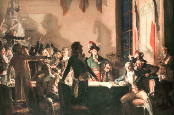 Robespierre (right) contemplating signing a document at the Hôtel de Ville just before the National Guard burst into the room to arrest him. Painting by Jean-Joseph Weerts (c. 1897). La Piscine Collection. PD-Author’s Life plus 70 years or fewer. Wikimedia Commons.