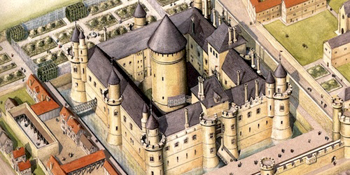 Illustration of the medieval fortress palace. The keep is in the center while the two semi-circular towers flank the main entrance. Illustration by anonymous (date unknown). 