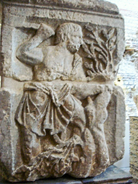 Pilier des Nautes de Jupiter, or Pillar of the Boatmen honoring Jupiter. Photo by PHGCOM (c. 2009). Musée de Cluny. PD-Author release. Wikimedia Commons.
