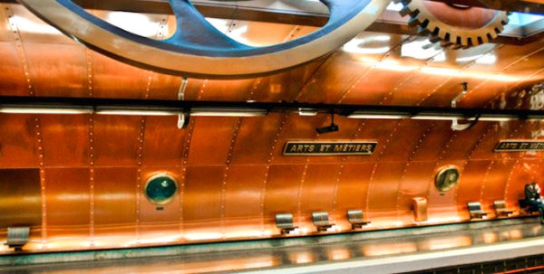 Métro station Arts et Metiers is designed with copper sheeting with portholes, gears, and rivets. Photo by anonymous (date unknown). www.parisinsidersguide.com