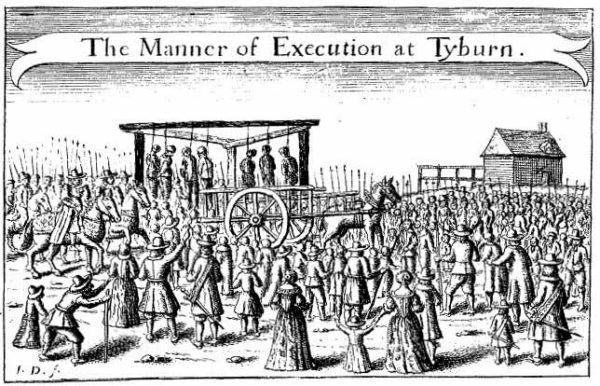 The gallows at the “Tyburn Tree” where more than 60,000 people were executed between 1196 and c.1780. The majority of victims were under the age of twenty-one and many were children. Illustration by anonymous (date unknown). www.marble-arch.london/culture-blog/history-of-tyburn-tree/ 