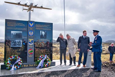 Dedication ceremony for the memorial to “Hot Stuff” and the men who died in the crash. Left to right: Jill Esposido (U.S. Embassy), Jim Lux, Guolaugur Póroarson (Iceland’s minister of foreign affairs), and Lt. Gen. Richard Clark. Photo by anonymous (3 May 2018). http://stridsminjar.is/hotstuff/images/pdf/HS_Newsletter_23.pdf