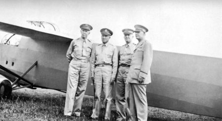 High Command at Wright Field. Left to right: Gen. George C. Marshall, Lt. Gen. Frank M. Andrews, Lt. Gen. Henry (Hap) H. Arnold, and Maj. Gen. Oliver P. Echols. Photo by anonymous (date unknown). PD-U.S. Government. Wikimedia Commons. 
