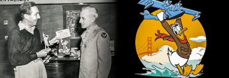 Walt Disney (left) and unidentified officer. One of Disney nose art designs with Donald Duck, a popular cartoon figure used for aircraft nose art. Photo by anonymous (date unknown). 