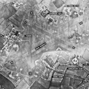 Aerial view of RAF Tibenham airfield. Photo by anonymous (c. 1940s). PD-Expired copyright. Wikimedia Commons.