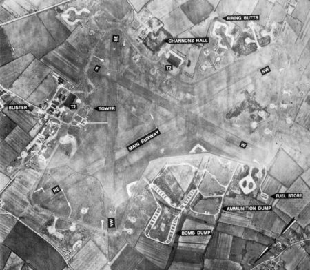 Aerial view of RAF Tibenham airfield. Photo by anonymous (c. 1940s). PD-Expired copyright. Wikimedia Commons.