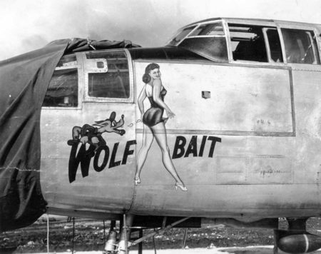 Nose art “Wolf Bait” on a B-25 Mitchell. Photo by S/Sgt Gert O. Uthman (date unknown). Courtesy of Ed Uthman. PD-CCA-Share Alike 2.0 Generic. Wikimedia Commons. 