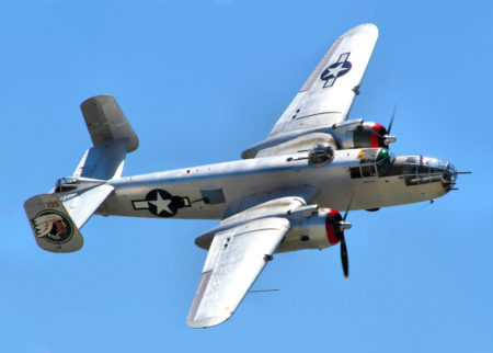 B-25 Mitchell in flight at the Chino (California) Air Show. Photo by wolfhound (4 May 2014). PD-CCA-Share Alike 2.0 Generic. Wikimedia Commons. 