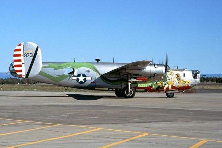 A Consolidated B-24J with the nose art “The Dragon and His Tail.” Photo by Ted Quackenbush (15 June 2004). PD-GNU Free Documentation License. Wikimedia Commons.
