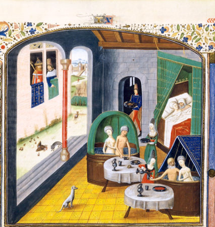 Medieval steam rooms. Notice the royal voyeurs next door? Illustration by Guillaume Vrelant (c. 15th century). Frontispiece of Book IX by Valère Maxime. Bibliothèque nationale de France.