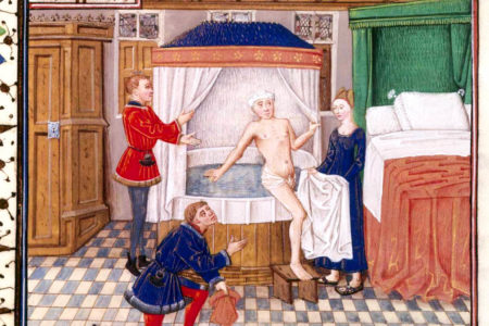 A wealthy man stepping out of his private bath. He has three attendants and the furnishings indicate his higher social status. Illustration by anonymous (date unknown). 