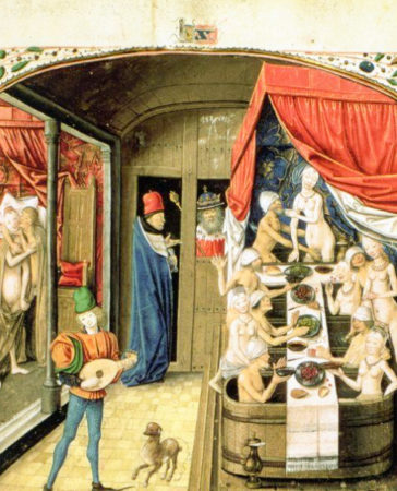 Scene of a public bath house. There’s that voyeur king again observing the debauchery going on. It’s good to be king but in this case, it’s better to be in the tub. Illustration by Master of Anthony of Burgundy (c. 1420). PD-Author’s life plus 70 years or fewer. Wikimedia Commons.
