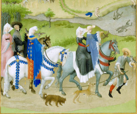 Nobles out for a ride. Notice the peasants swimming and bathing in the background. Illustration by anonymous (date unknown). De Berry Book of Hours.