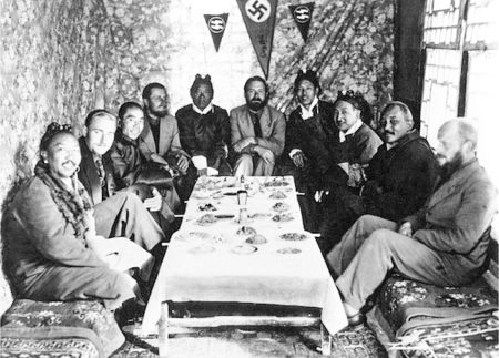 Tibet expedition. Beger (second from left), Geer (fourth from left), Schäfer (sixth from left; center), and Wienert (far right). Photo by Ernst Krause (c. 1938/39). Bundesarchiv, Bild 135-KA-10-072/CC-BY-SA 3.0. PD-CCA-Share Alike 3.0 Germany. Wikimedia Commons.