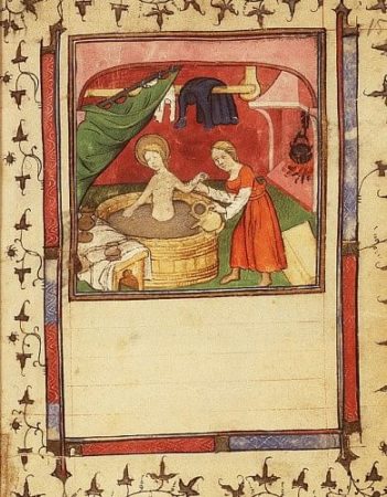 Wealthy citizen taking a bath while attended by a servant. Illustration by anonymous (date unknown).