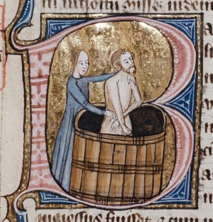 Man attended by wife or attendant (or someone) while bathing. Illustration by anonymous (date unknown). 