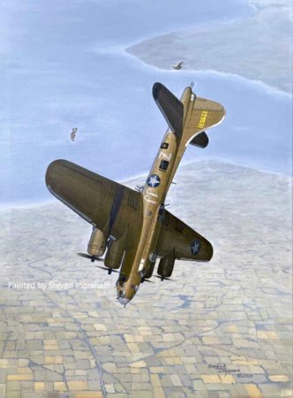 Painting of B-17 going down over northern France after a successful bombing run. Painting by Steven Ingraham (6 August 2020). saingraham@hotmail.com