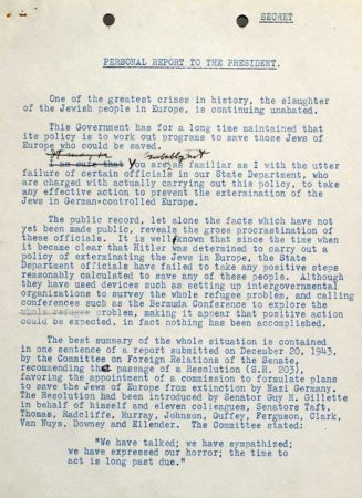 U.S. Treasury Department memo informing FDR that Breckinridge Long and the state department had been obstructing efforts to aid Jews. Photo by anonymous (date unknown). U.S. Holocaust Memorial Museum. 