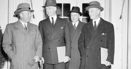 From left to right: Ambassador William Bullitt, Acting Secretary of State Sumner Welles, ambassador to Germany Hugh Wilson, and ambassador to Italy William Phillips. Photo by anonymous (6 December 1938). 