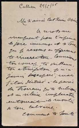 First page (left) and second page (right) of letter from Christian Dior to his father, Maurice, informing him that Catherine will be coming home. Photo by anonymous (29 May 1945). Collection Christian Dior Parfums, Paris.