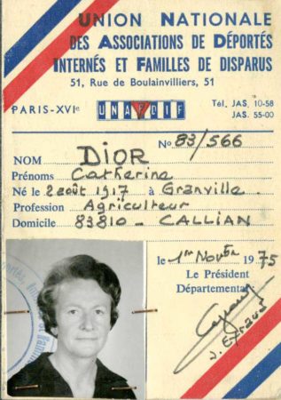 Official French document issued to reflect Catherine Dior’s status as a victim of deportation. Photo by anonymous (date unknown). Collection Christian Dior Parfums, Paris.