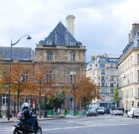 View of eastern side of Luxembourg Palace (left) and rear of the Odéon Théâtre de l'Europe (right). This is the Place Paul-Claudel where some of the heaviest fighting took place during the fight for liberation in mid-August 1944.