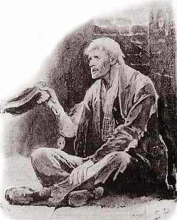 Illustration of a male beggar. Illustration by anonymous (date unknown). Wikimedia.