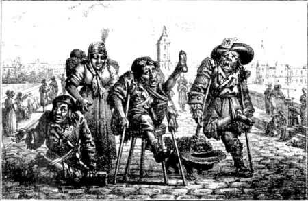 Four beggars at the Pont au Change. Engraving by Jean Henry Marlet (date unknown). Engraving from “Parisian life through the 19th century.” Author: Charles Simond.