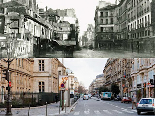 Top photo reflecting former site of the Court of Miracles. Bottom photo shows contemporary shot taken from same angle. The top photo was taken before Haussmann’s renovations. Top photo by Charles Marville (c. 1850). Les Editions du Mécène. Bottom photo by Gilles Leimdorfer (date unknown). Le Figaro magazine.