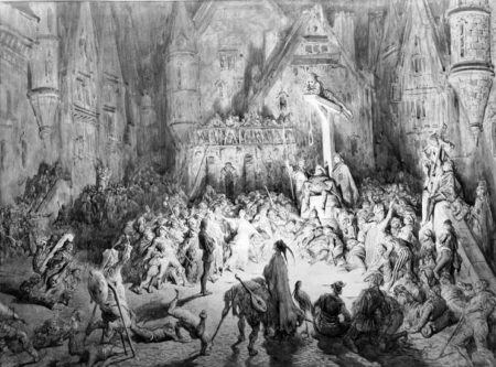 The Court of Miracles as depicted for Victor Hugo’s novel, “Notre-Dame de Paris.” The King of Thieves is sitting on his throne. Illustration by Gustave Doré (c. 1860). Author’s life plus 100 years of fewer. Wikimedia Commons.