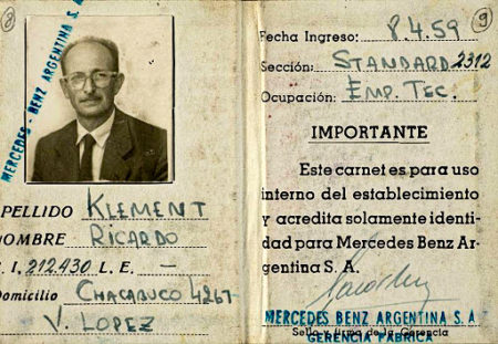 False identity document of Adolf Eichmann. Photo by Mercedes Benz Argentina (c. 1950). PD-Expired copyright. Wikimedia Commons.