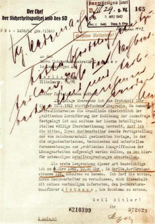 Reinhard Heydrich’s letter to Martin Luther requesting administrative assistance in the implementation of the “Endlösund der Judenfrage,” or “Final Solution of the Jewish Question.” Photo by anonymous (26 February 1942). PD-Ineligible for copyright. Wikimedia Commons.