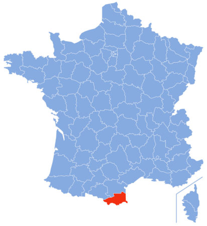 Map of France reflecting the position of Pyrénées-Orientales. Map by Marmelad (c. 2007). PD-CCA-Share Alike 2.5 Generic. Wikimedia Commons
