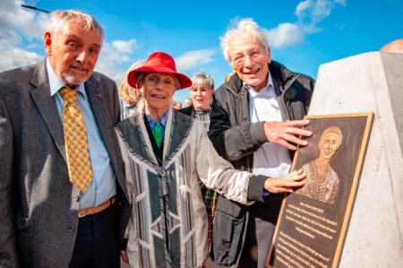 The official opening of the Mary Elmes Bridge. Left to right: Patrick Danjou (Mary’s son), Charlote Berger-Greneche and Georges Koltein (two of the children rescued by Mary). Photo by Brian Lougheed (c. 2019) www.corkcity.ie