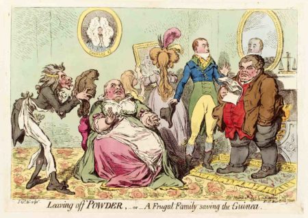 Cartoon depicting men getting their wigs after “leaving off powder,” or “A frugal family saving the guinea.” Illustration by anonymous (c. 1795). 