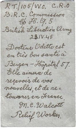 The note from an English officer to Moussa informing him that Odette had survived the concentration camps. Photo by anonymous (date unknown). Les Enfants et Amis ABADI. https://www.lesenfantsetamisabadi.fr. 