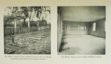 Babies’ graves in the Velpke Cemetery after the British authorities had ordered their proper reburial (left). The babies’ room in the former Velpke Children’s home (right). Photo by anonymous (date unknown). Brand, George (ed.). Trial of Heinrich Gerike, et. al. (The Velpke Baby Home Trial): War Crimes Trial Series, Vol. VII. London: William Hodge and Company, 1950.