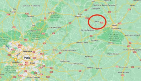 Map showing proximity of Fismes to Reims to Paris. Photo by Google Maps.