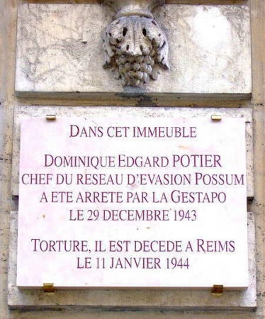 Memorial plaque to Captain Potier located at the entrance to 36, rue Jeanne d’Arc, Reims, France. Photo by anonymous (date unknown). www.ww2escapelines.co.uk