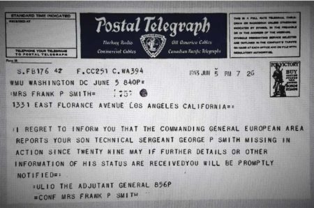 Telegram to George Smith’s mother informing her of son’s status as “missing in action.” Photo by Greg Smith (c. 1943).