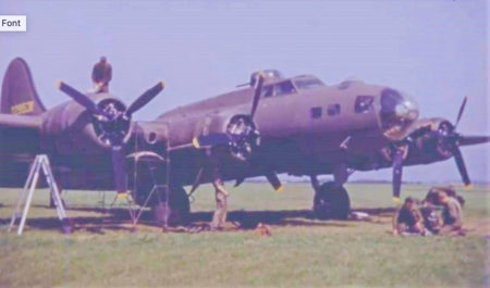“Queen of the Skies” shortly after arriving in England. Notice there is no paint other than the tail number. The plane has not been assigned to a squadron. Photo likely taken by a British citizen working for the Germans. The photo was located in a German image repository. Photo by anonymous (c. 1942). 