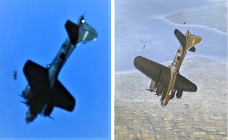 On the left, image of “Queen of the Skies” going down over France. A blurred image to the left of the aircraft is a crew member before he activates his parachute. On the right is Steven Ingraham’s painting of the plane based on the actual image. Photo by William Wyler (May 1943). Painting by Steven Ingraham (2020).