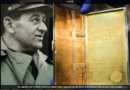 William Wyler (left) and cigarette case (right) given to him with the missions inscribed on the inside. 