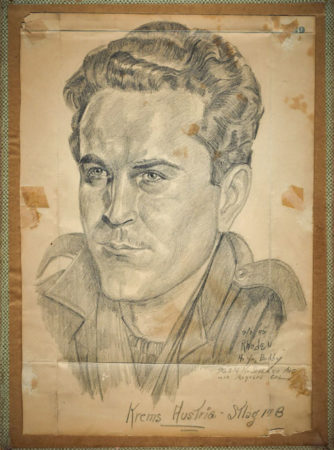 Illustration of George Smith while a POW in Stalag 17B. Artist was a fellow POW who exchanged the artwork for food. Illustration by Harold Rhoden (c. 1943-1944). 